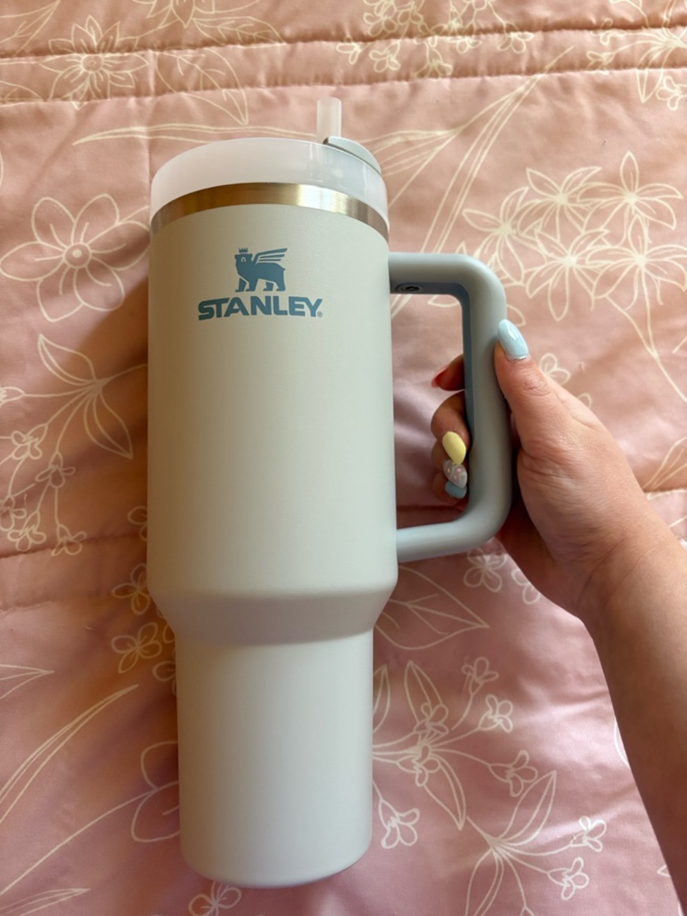Stanley Pale Gray Travel Tumbler with Handle and Blue Logo